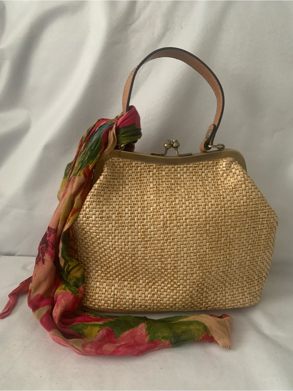 Patricia Nash Laureana Frame Satchel Straw Bag Rattan Style Clutch Pockets Scarf - Picture 3 of 11